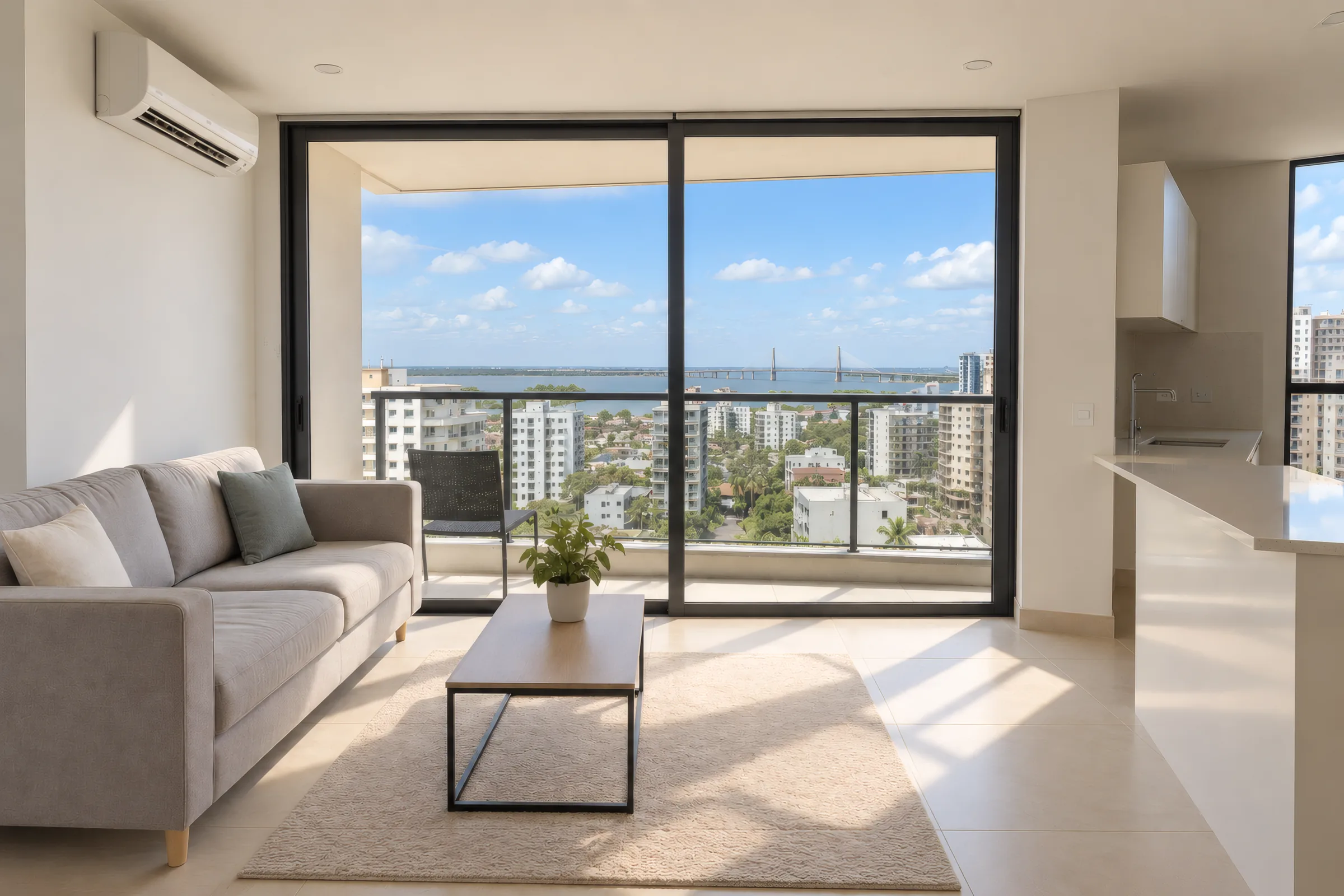 Sala con balcón y vista al río Magdalena y al puente Pumarejo en Barranquilla